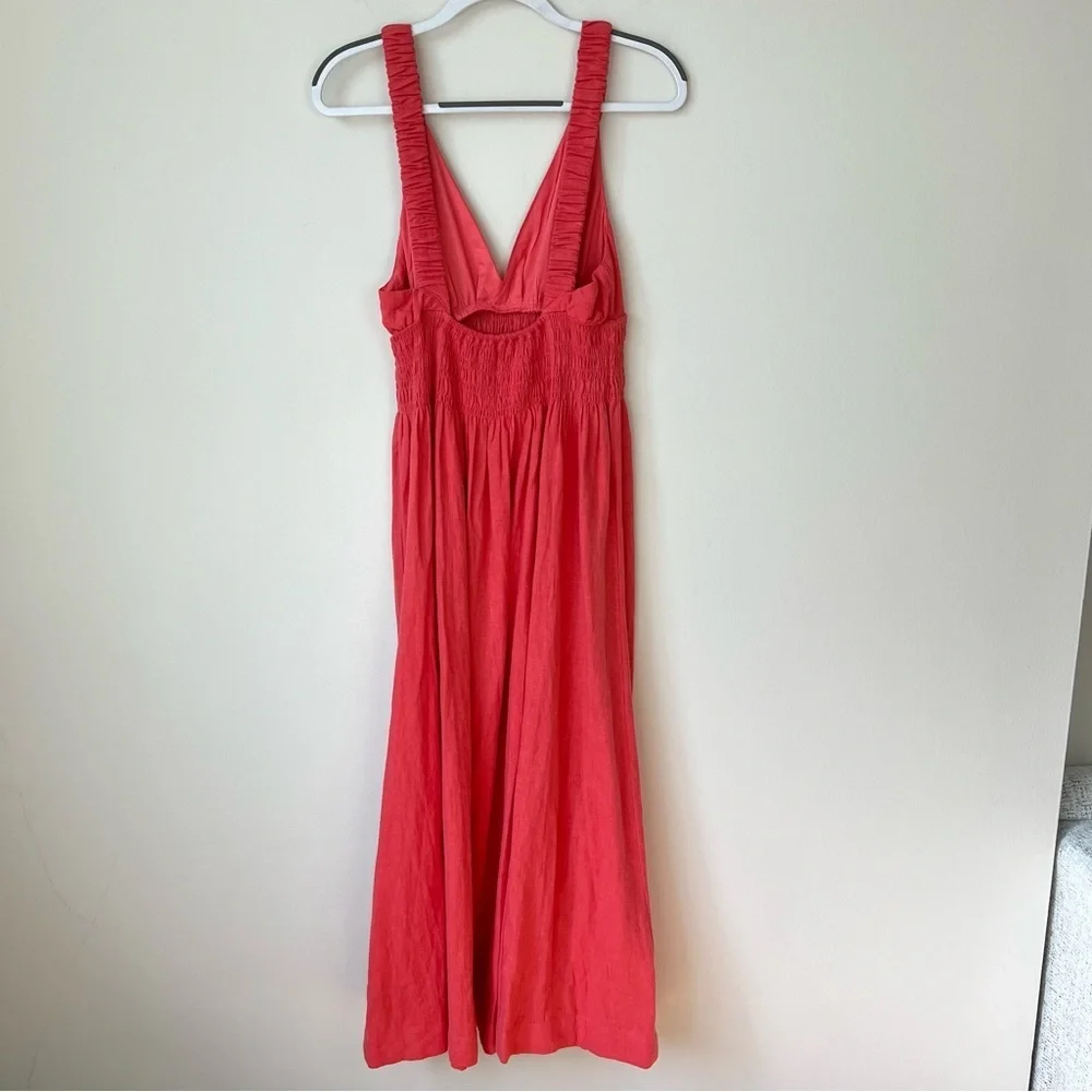Abercrombie Scrunchie Strap Plunge Linen Maxi Dress Salmon Pink